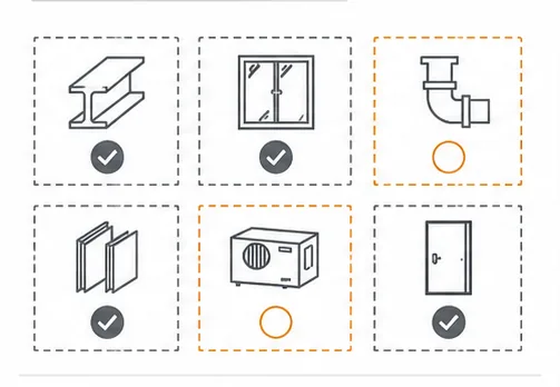 Line illustration of a material kit checklist with some items confirmed and others still open.